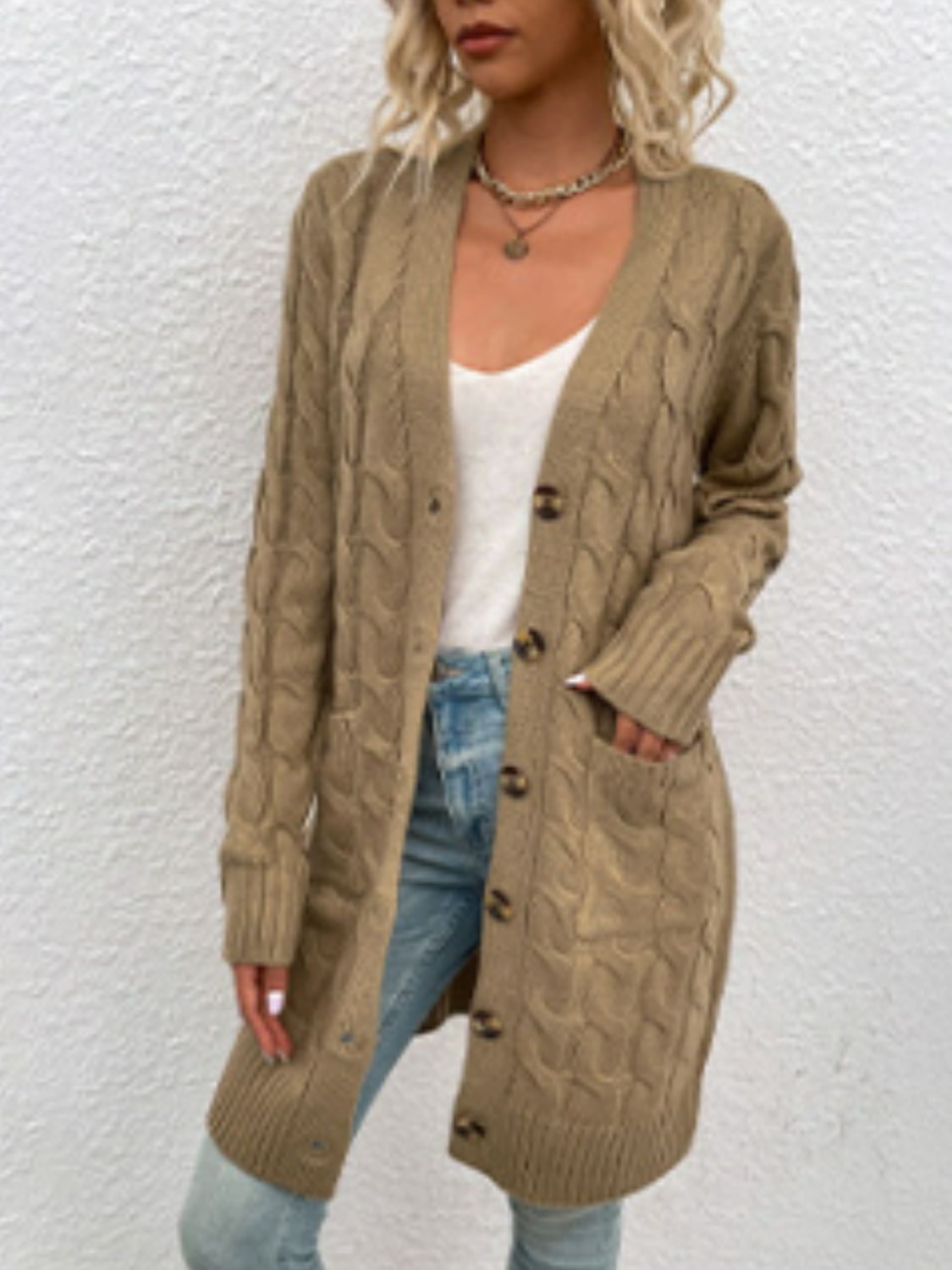 Cable-Knit Button Down Longline Cardigan with Pockets
