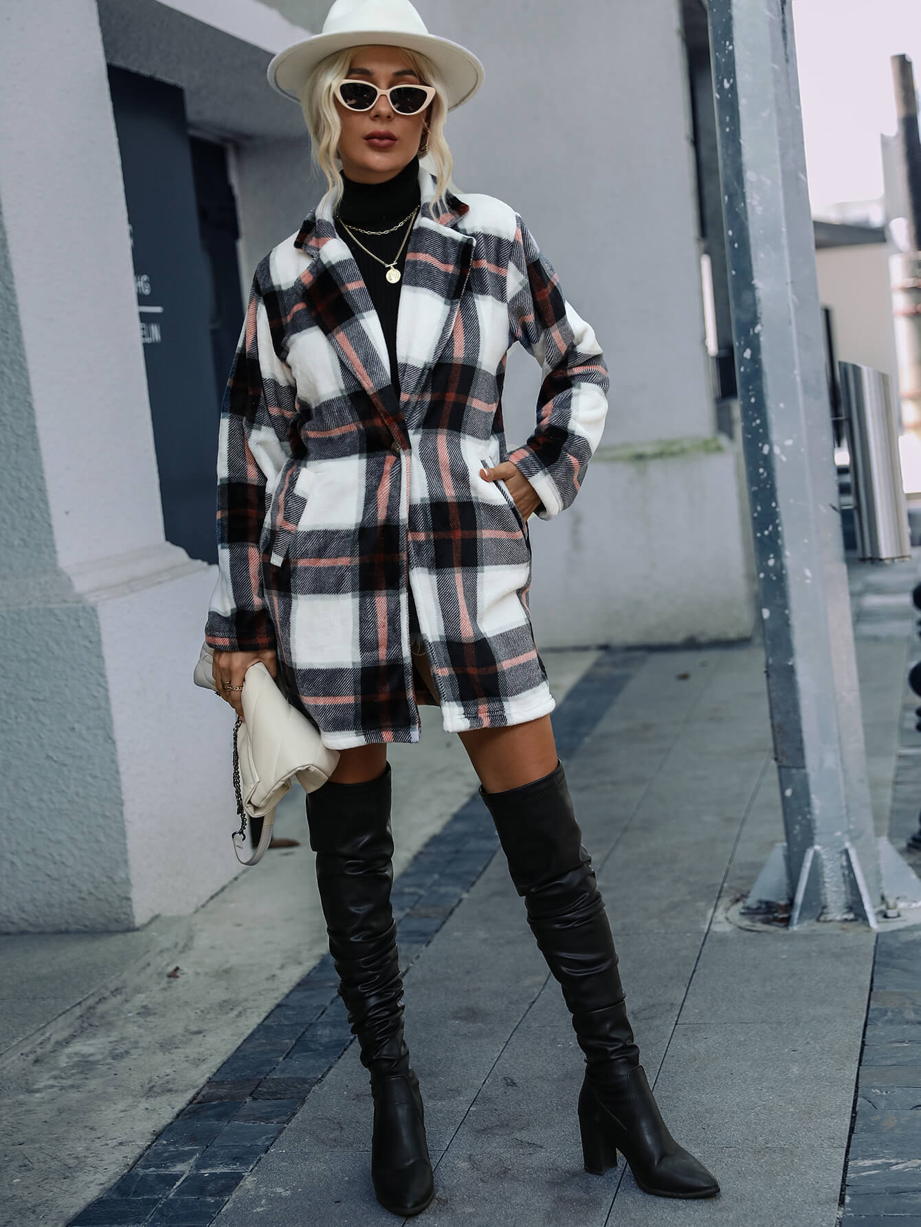 Plaid Lapel Collar Longline Jacket with Pockets