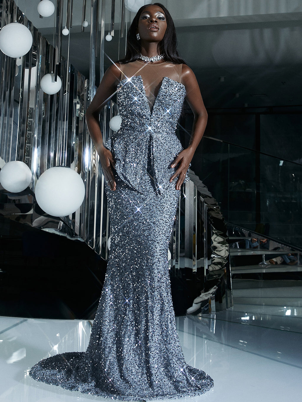 Sequin Spliced Mesh Peplum Dress