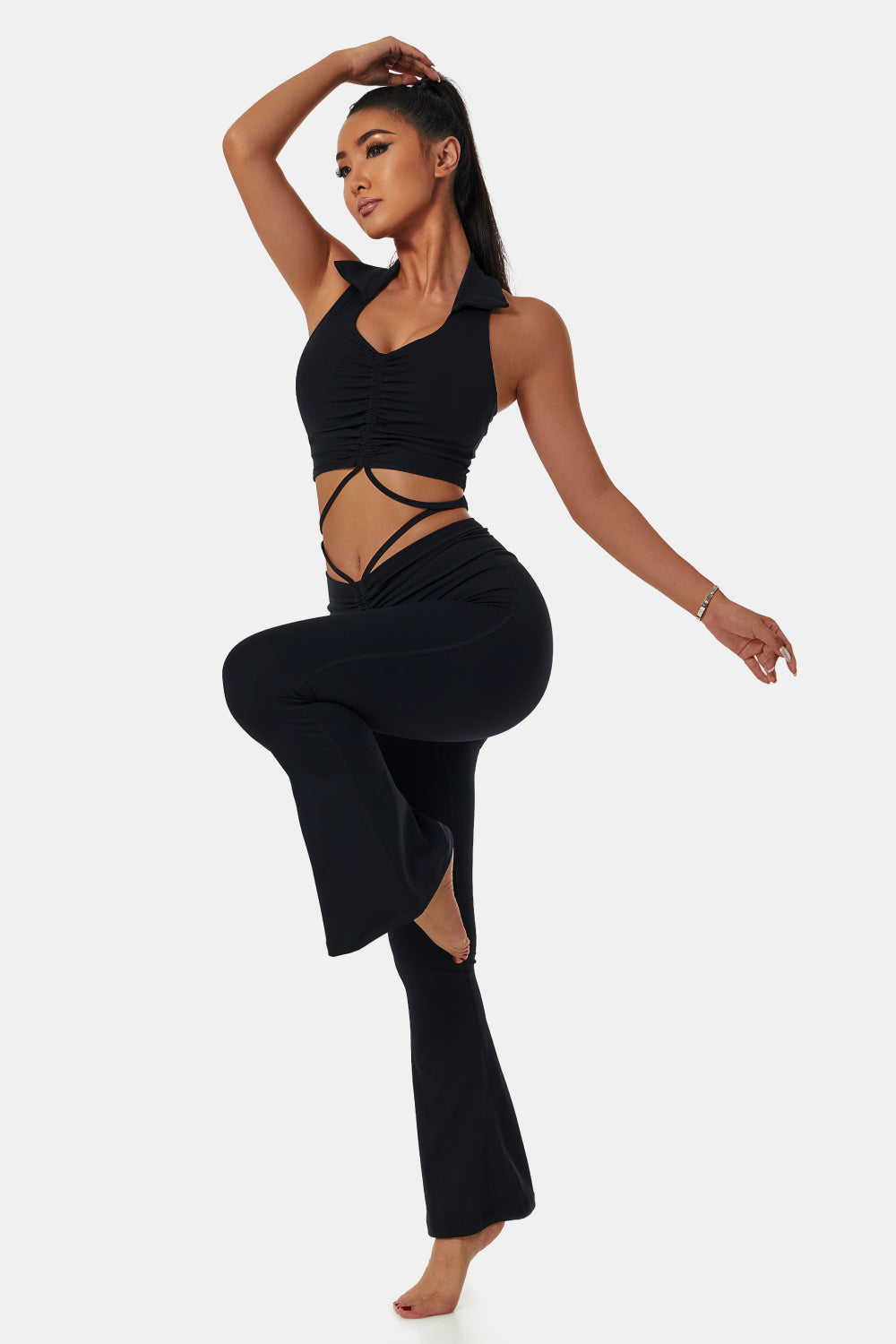 Collared Sports Bra and Flare Yoga Pants Set