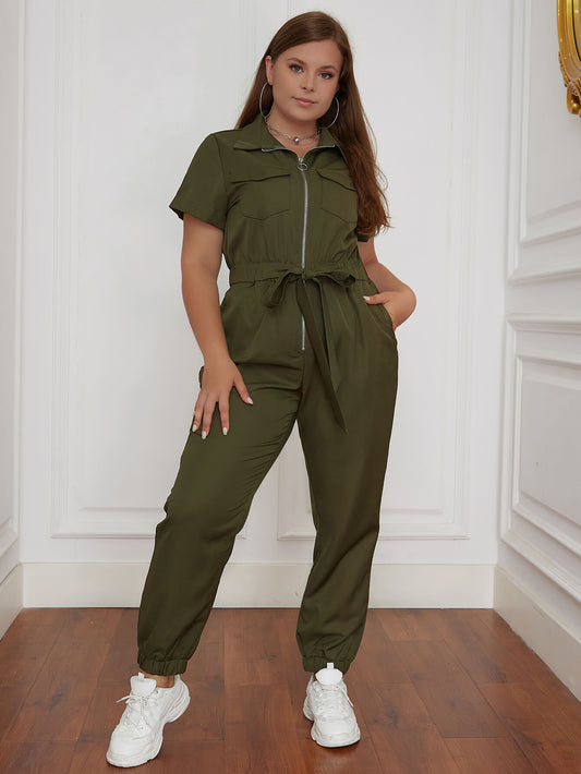 Plus Size Belted Zip Up Collared Jumpsuit