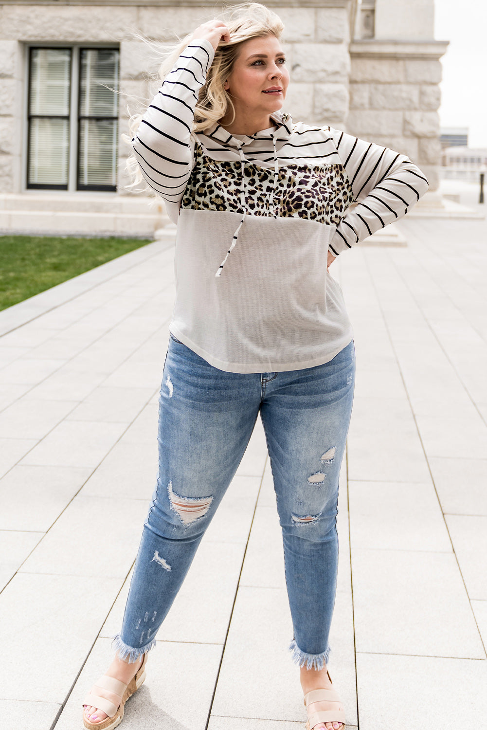 Plus Size Mixed Print Curved Hem Hoodie