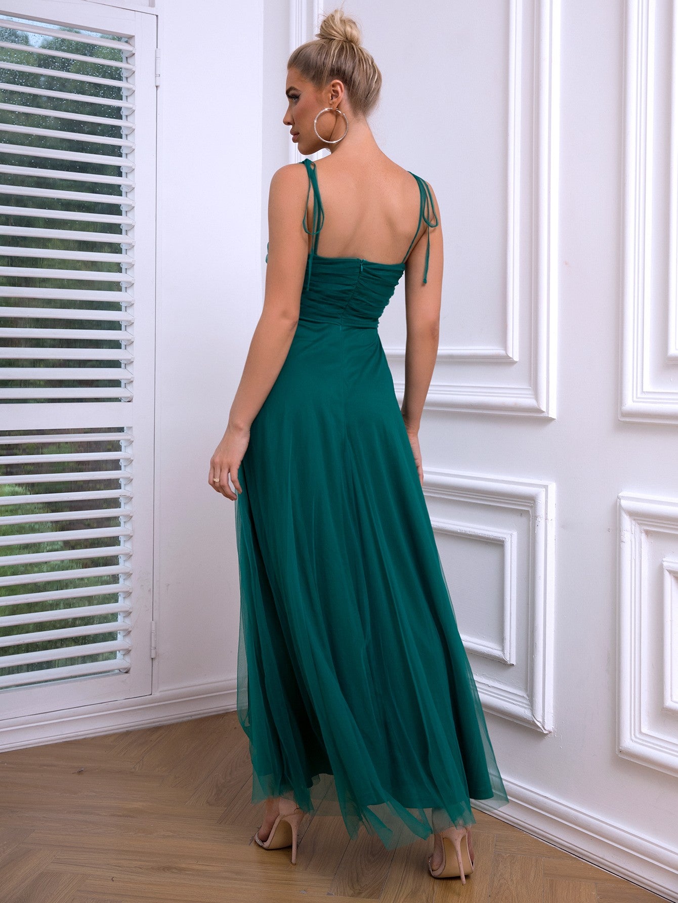 Tie Shoulder Ruched Mesh Overlay Maxi Dress