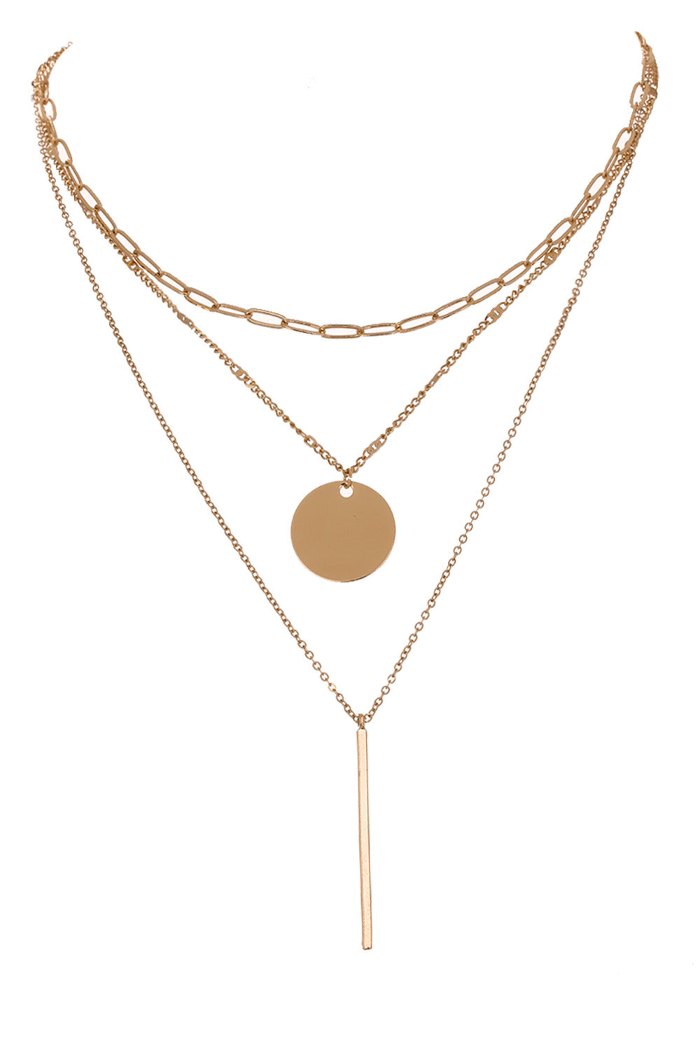 Bar and Circle Pendant Triple-Layered Necklace