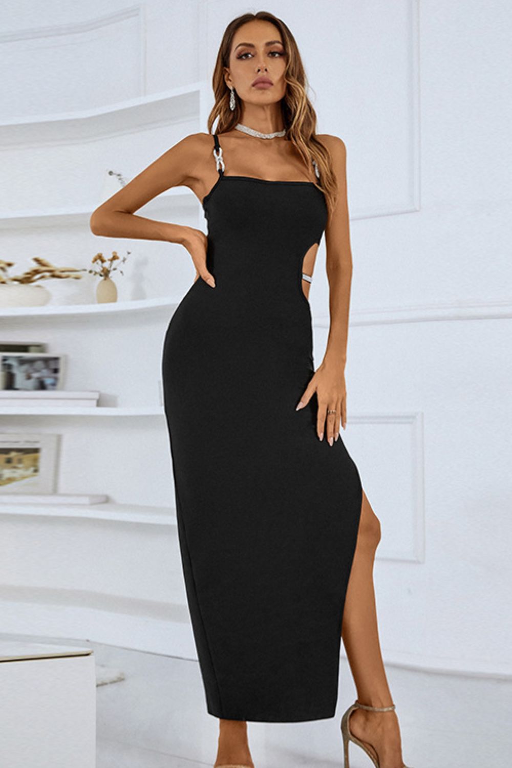 Rhinestone Spaghetti Strap Cutout Split Dress