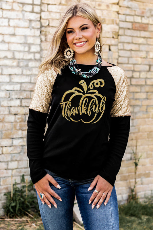 THANKFUL Graphic Sequin Long Sleeve Top