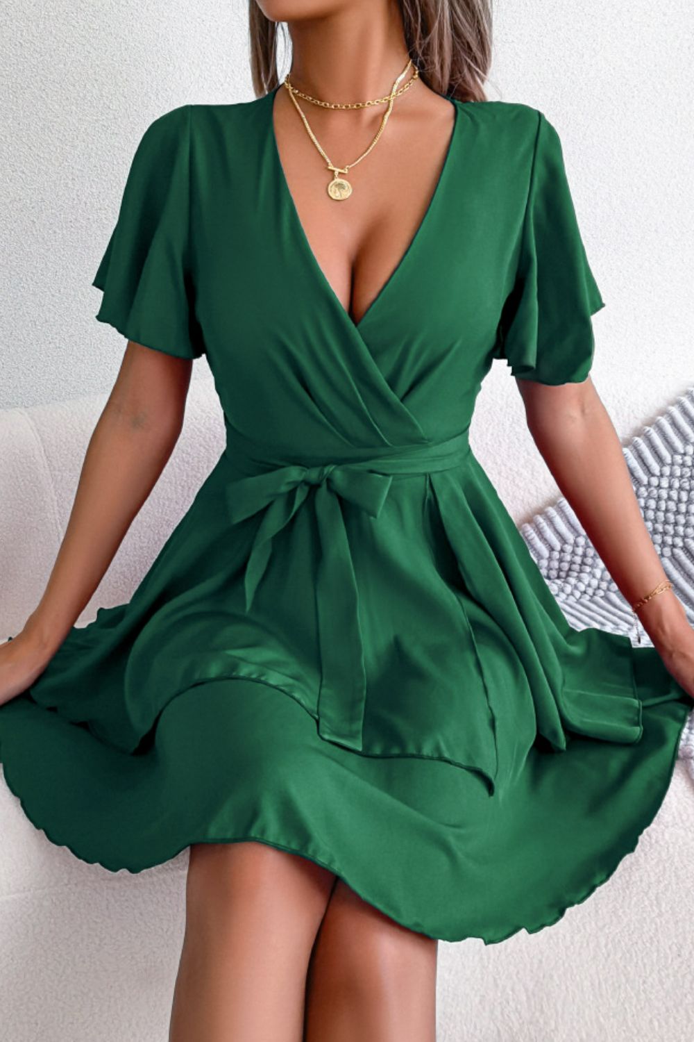 Tie Waist Flutter Sleeve Ruffled Dress