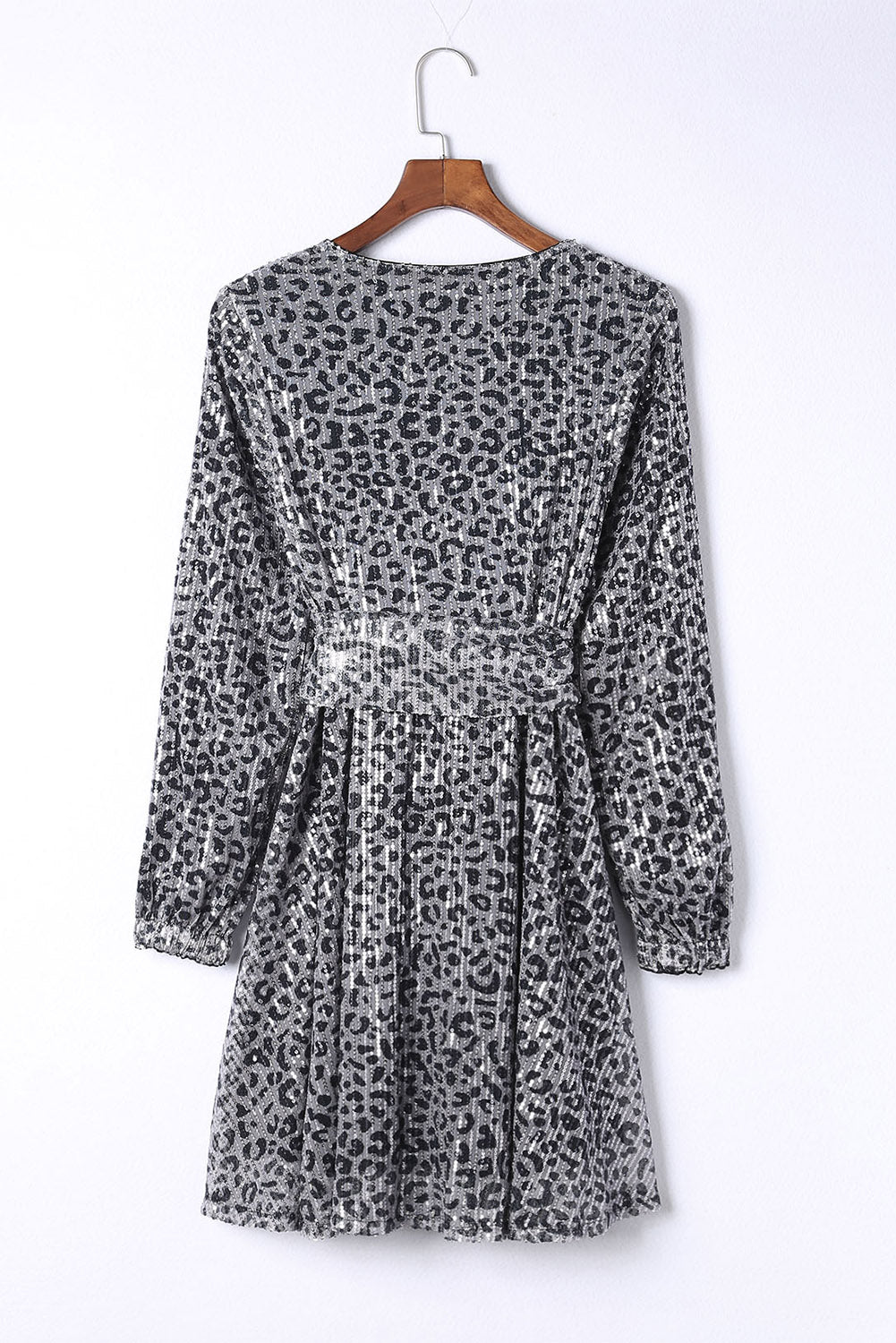 Leopard Sequin Belted Balloon Sleeve Dress