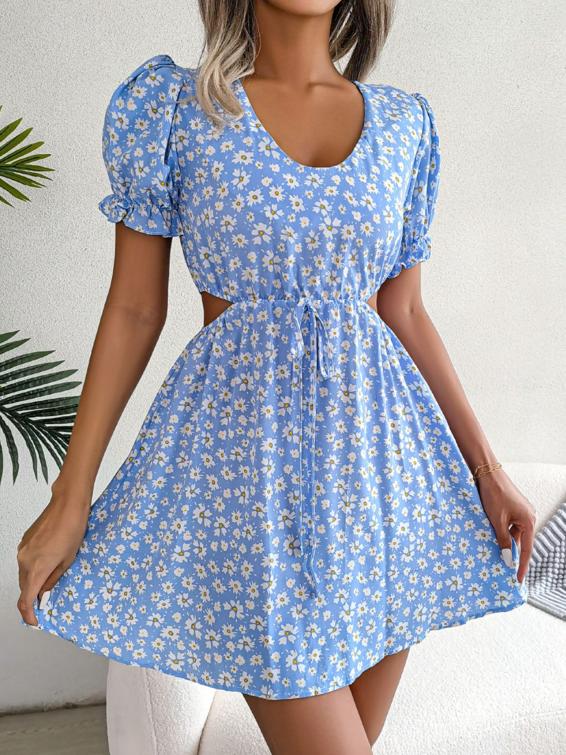 Floral Cutout Flounce Sleeve Dress