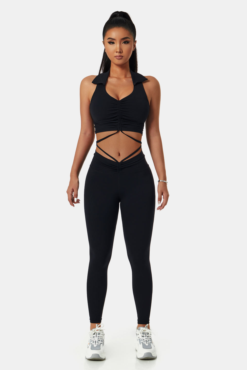 Collared Drawstring Detail Sports Bra and Leggings Set