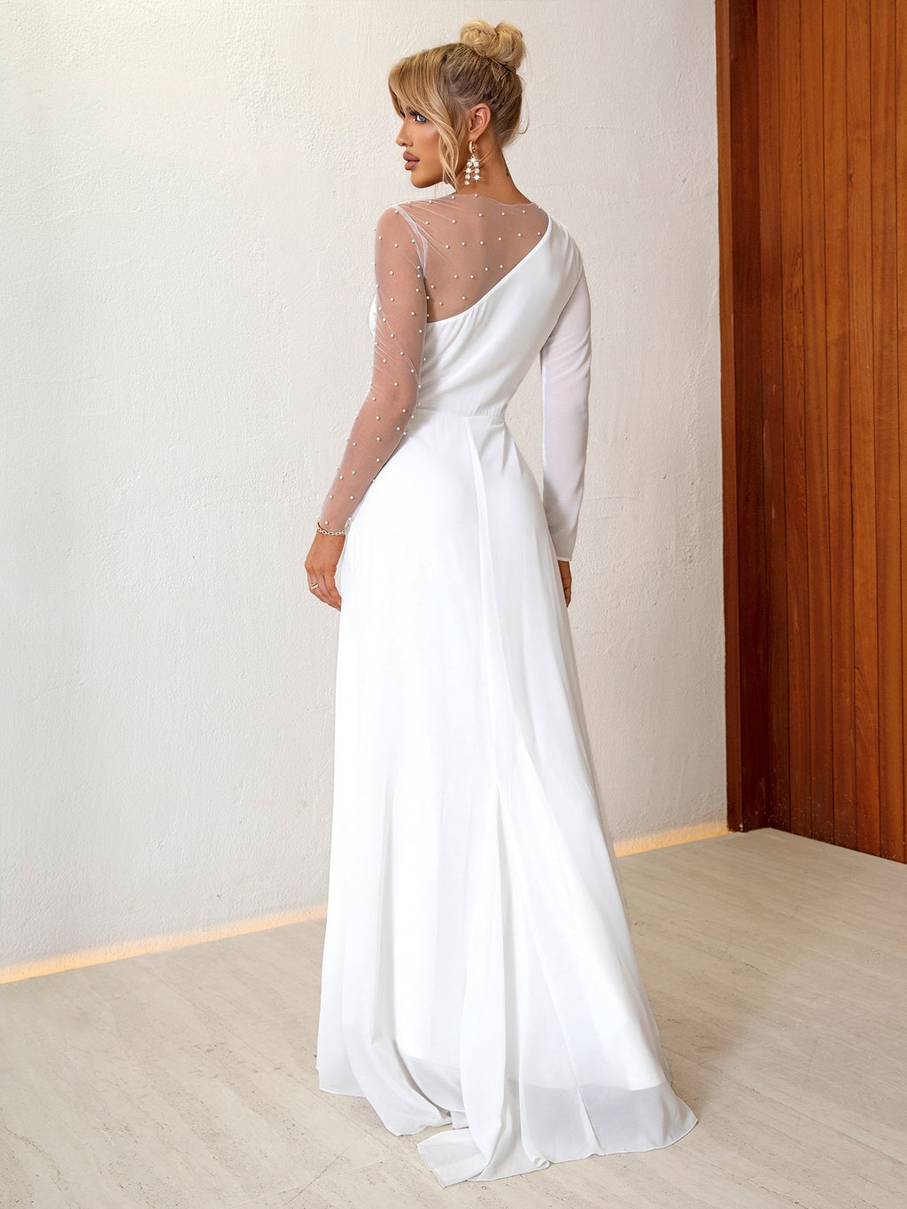 Beaded Split Spliced Mesh Formal Dress