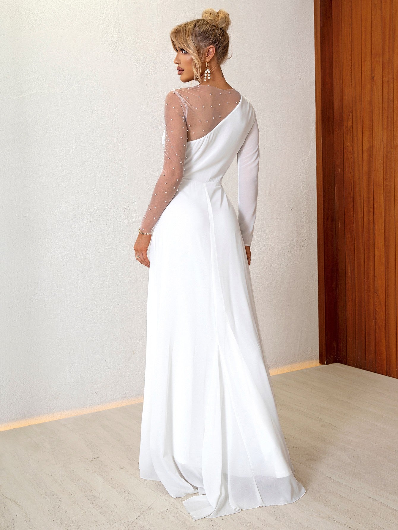 Beaded Split Spliced Mesh Formal Dress