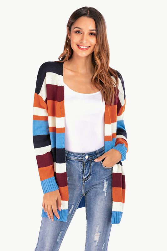 Multicolored Stripe Open Front Dropped Shoulder Cardigan