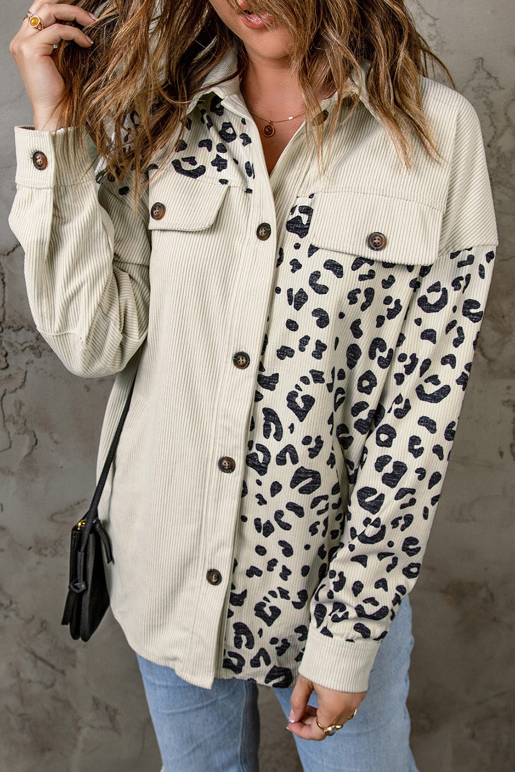 Leopard Print Pocketed Corduroy Jacket