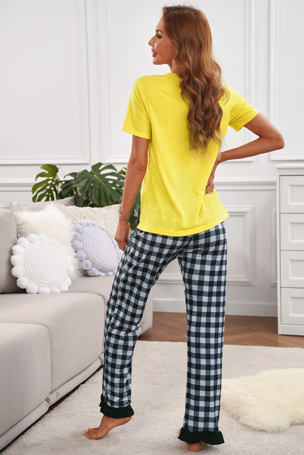 Graphic Tee and Plaid Pants Lounge Set