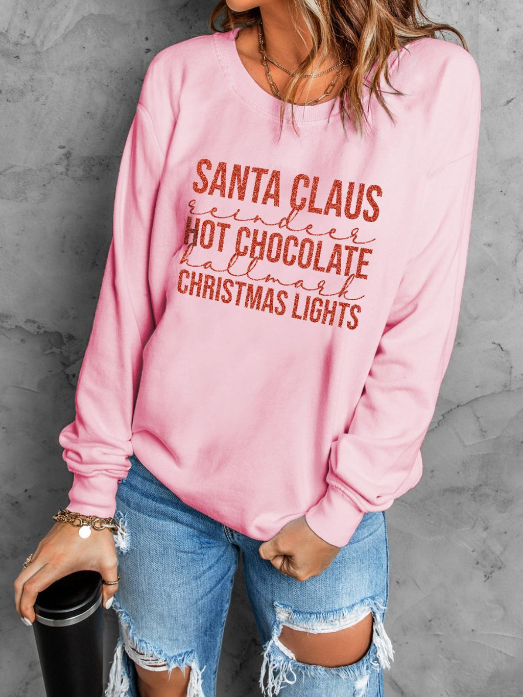 Christmas Letter Graphic Ribbed Trim Sweatshirt