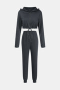 Zip Up Drawstring Cropped Hoodie and Pants Set