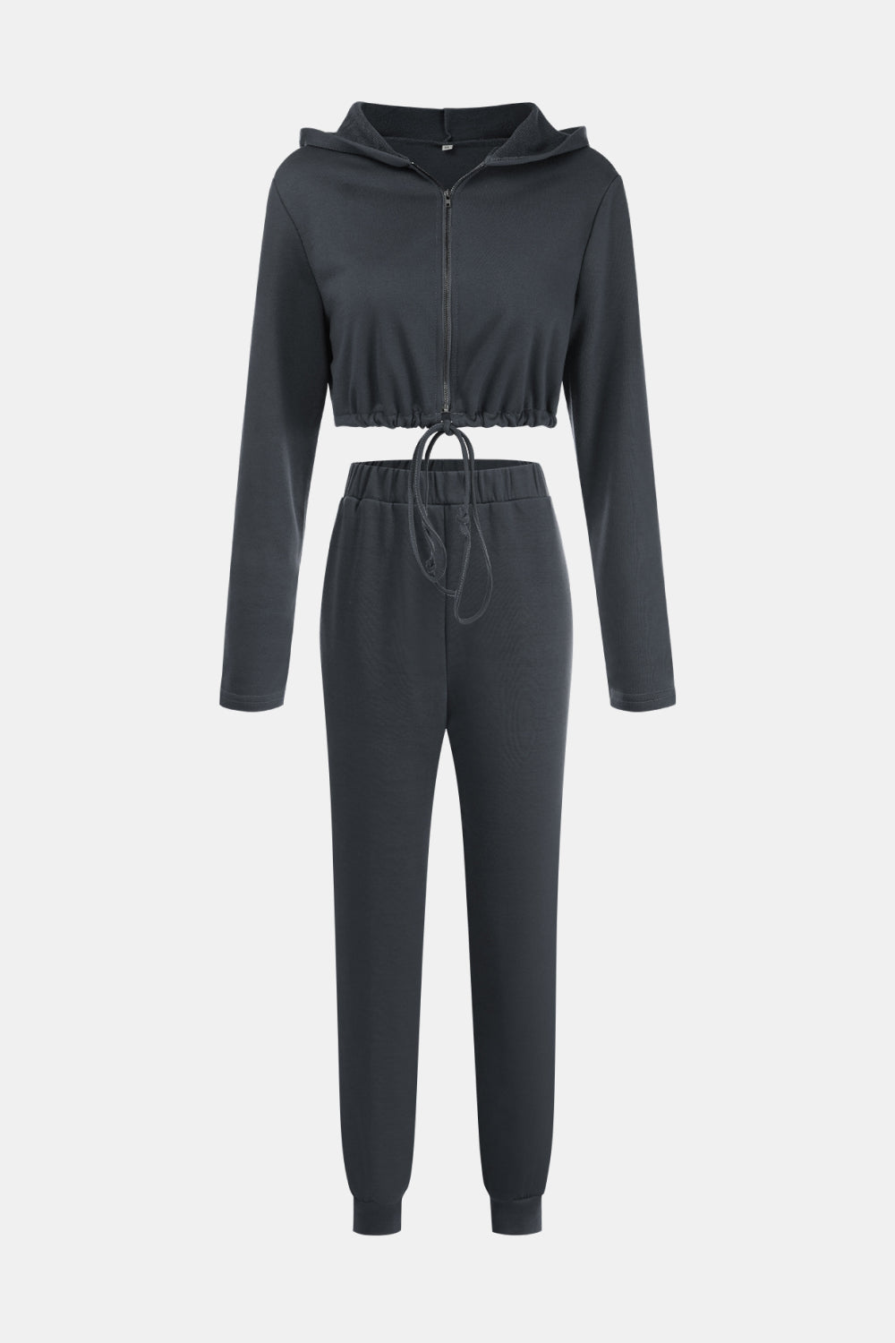 Zip Up Drawstring Cropped Hoodie and Pants Set