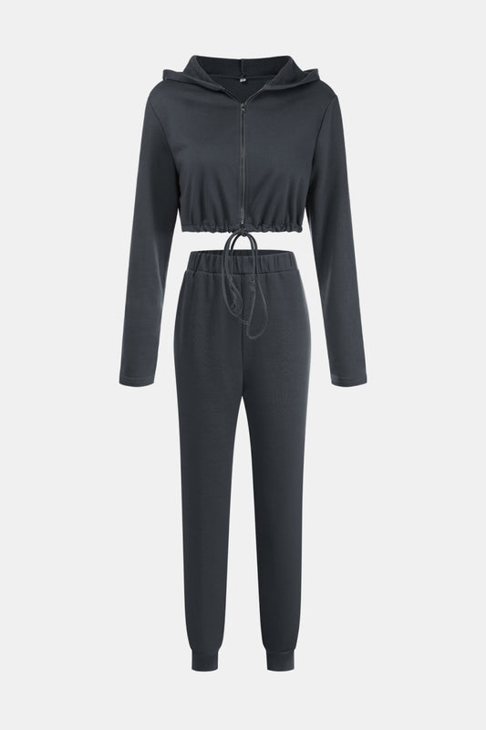 Zip Up Drawstring Cropped Hoodie and Pants Set