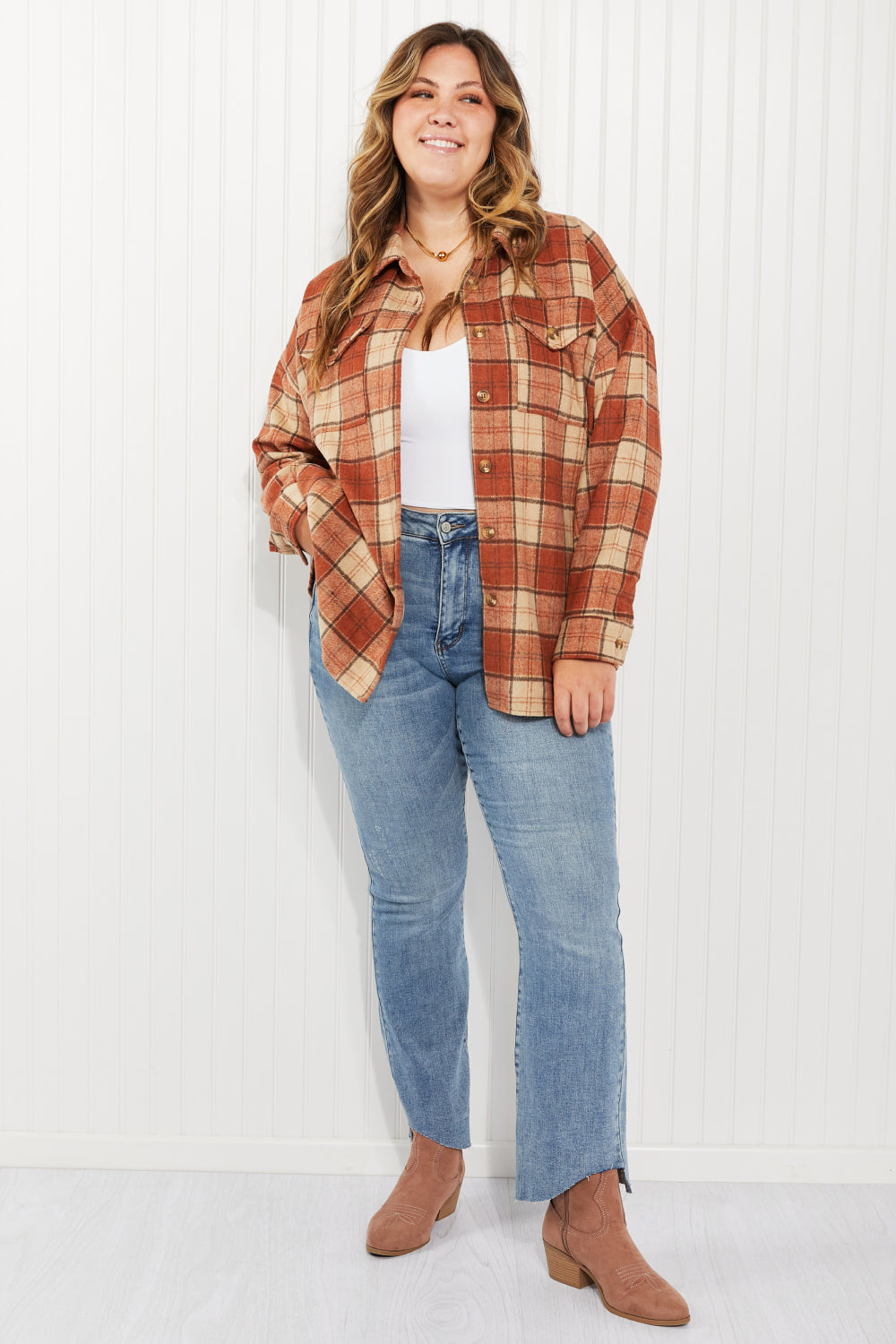 Haptics Pumpkin Pie Full Size Plaid Longline Shacket