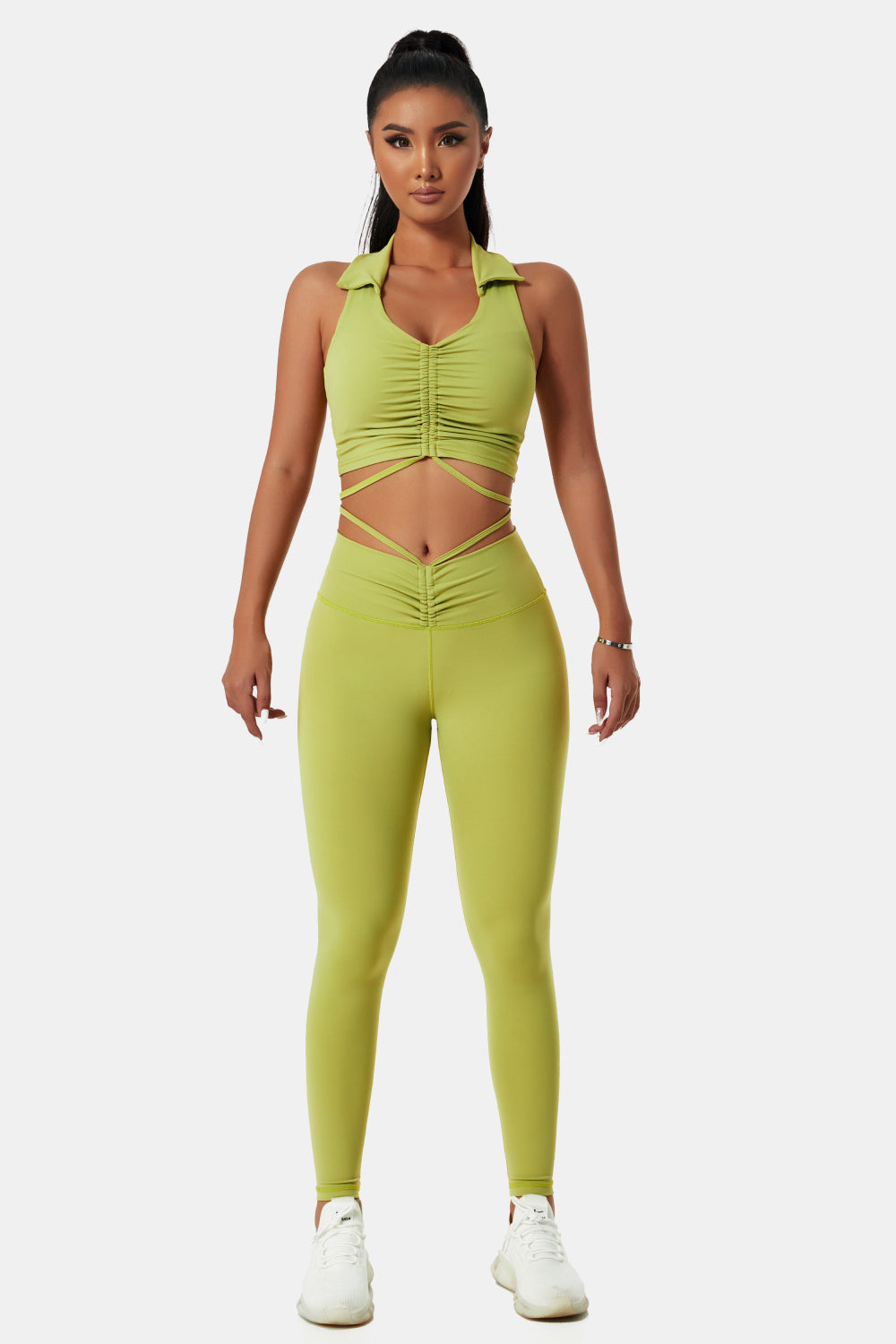 Collared Drawstring Detail Sports Bra and Leggings Set
