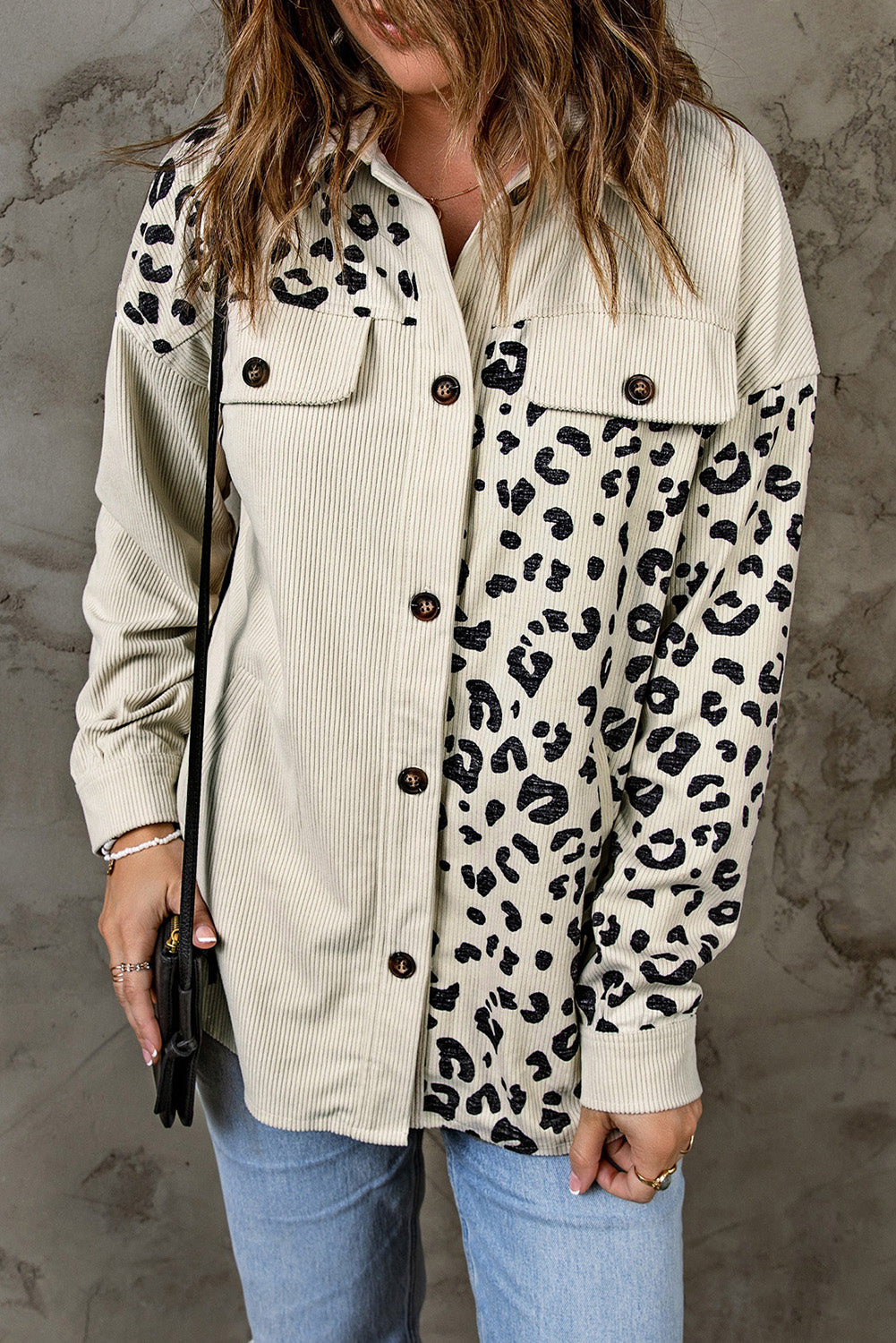 Leopard Print Pocketed Corduroy Jacket