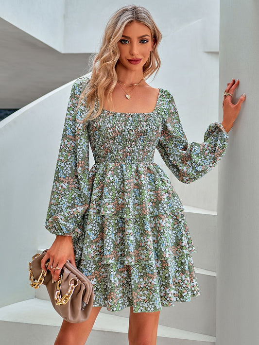 Floral Square Neck Smocked Layered Dress