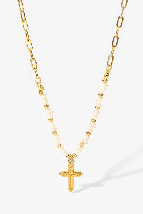 18K Stainless Steel Pearl Cross Pendant Necklace