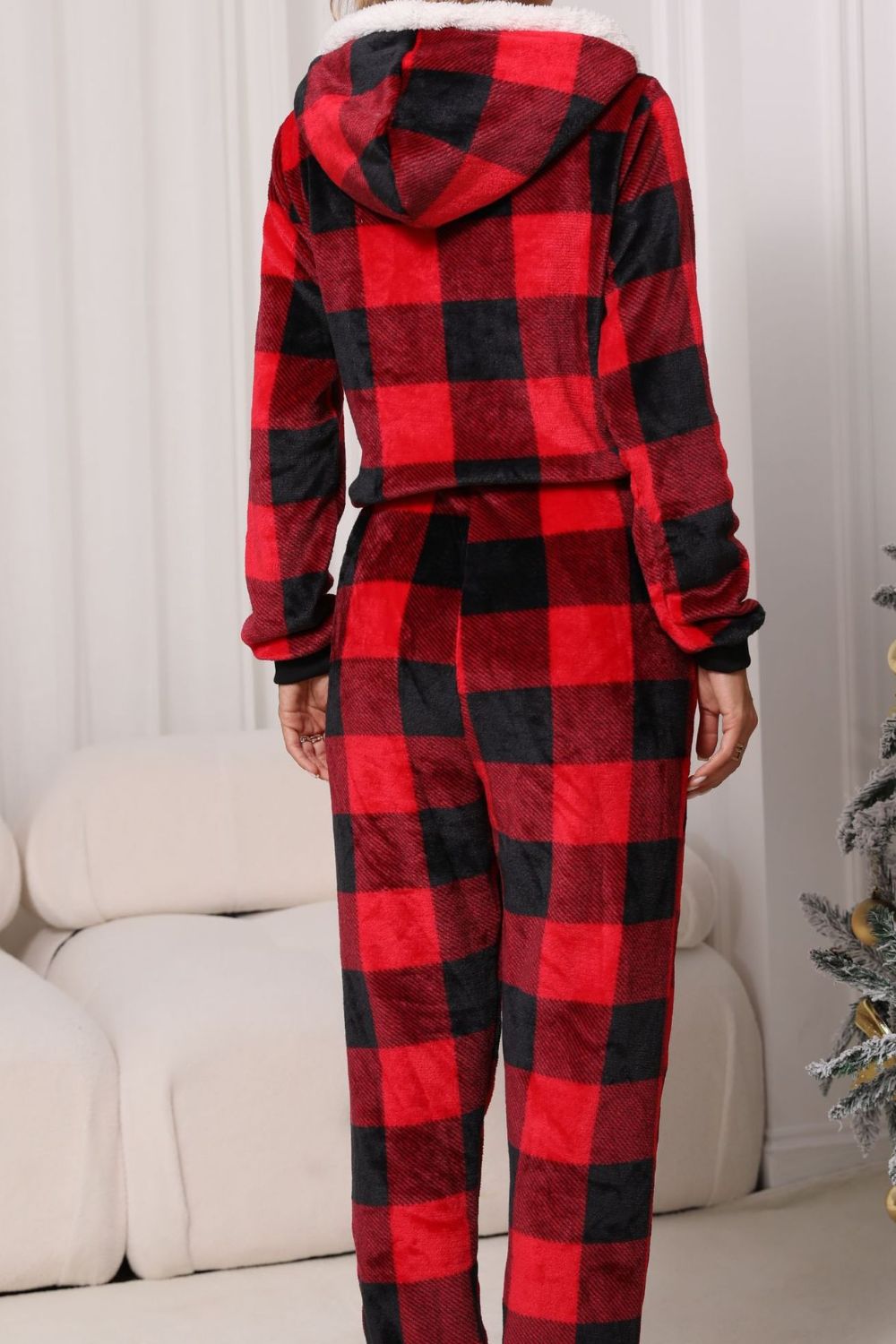 Plaid Zip Up Flannel Hooded Jumpsuit
