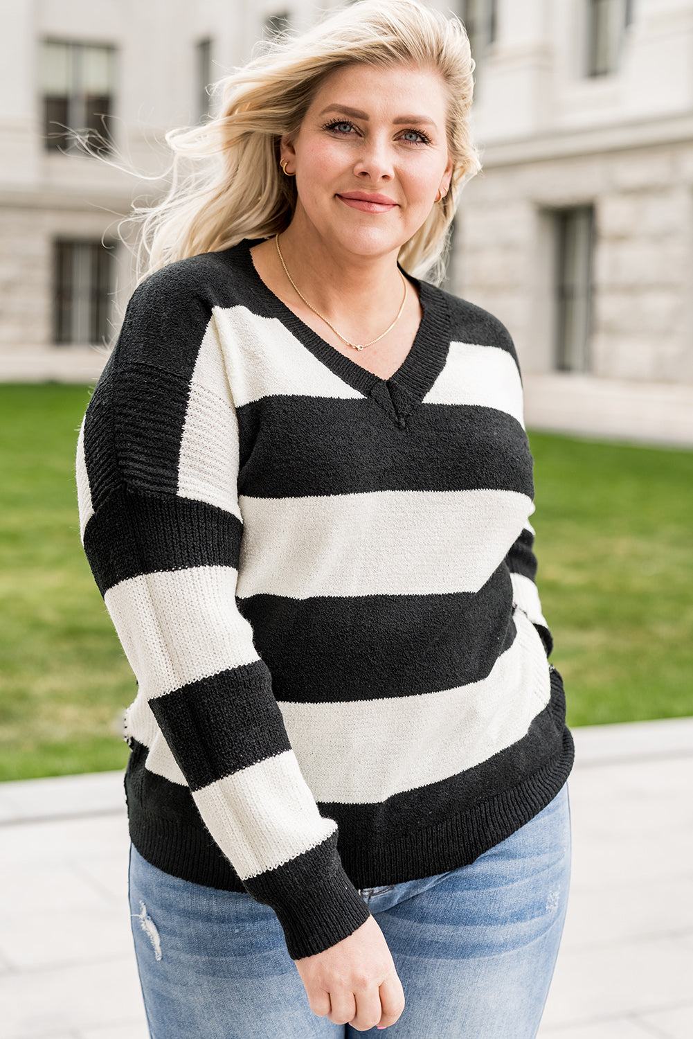 Plus Size Striped V-Neck Sweater