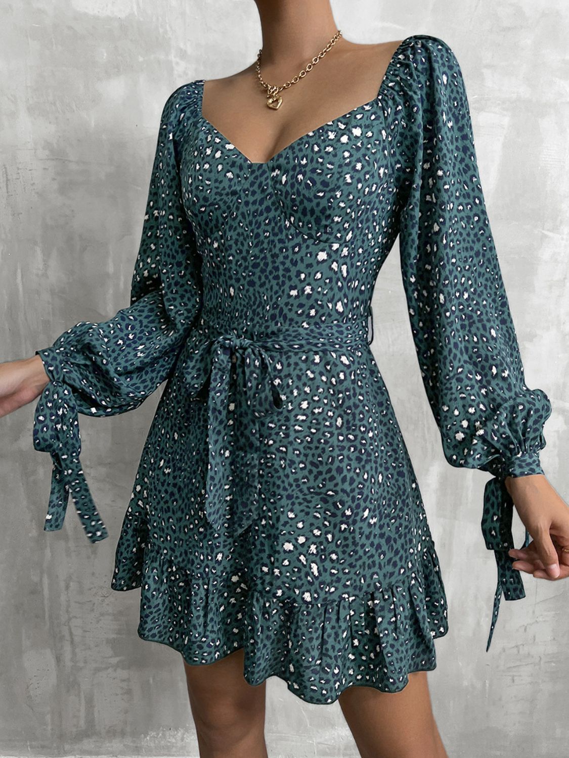Leopard Tie Cuff Ruffle Hem Belted Dress