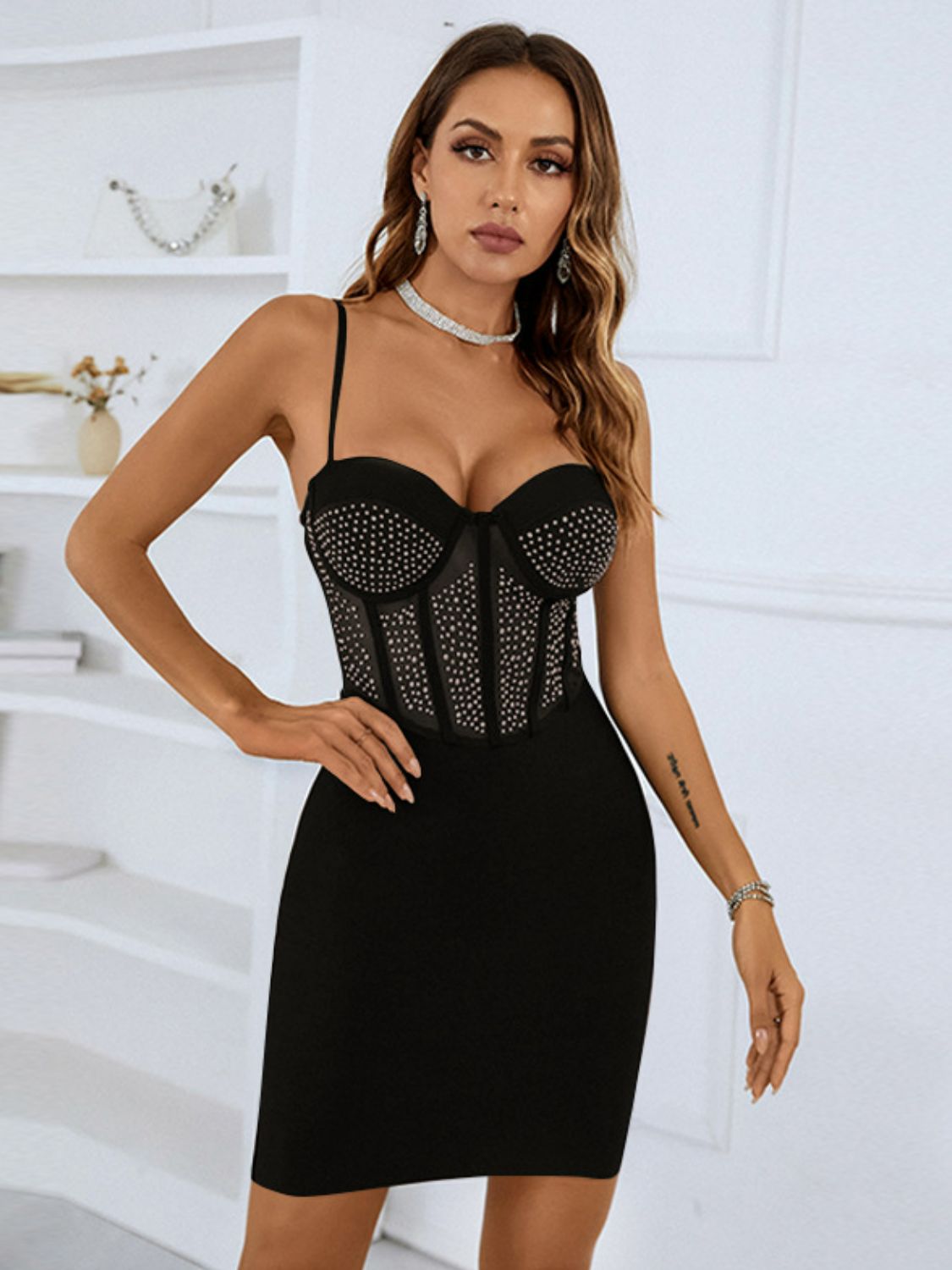 Rhinestone Spaghetti Strap Mini Dress