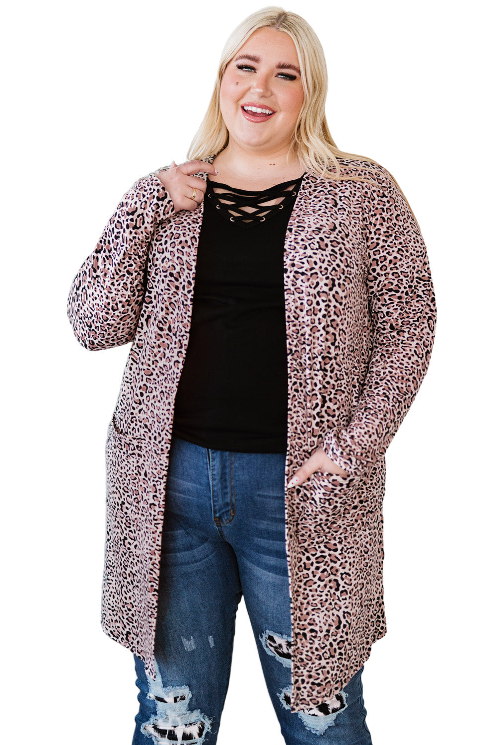 Plus Size Leopard Open Front Cardigan with Pockets