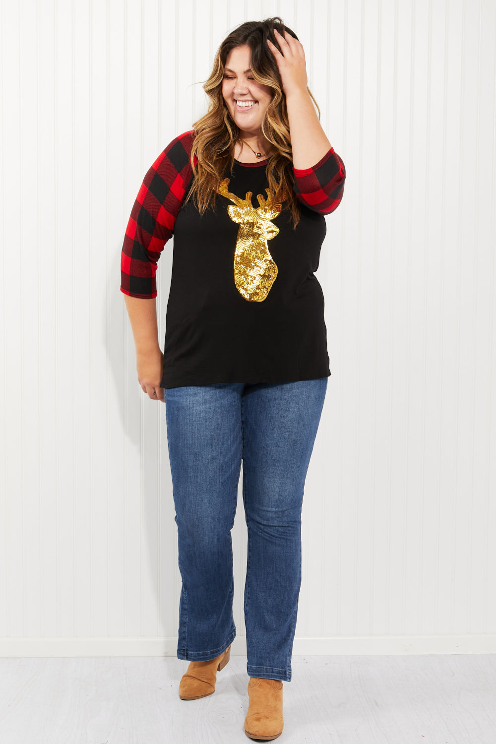 Acting Pro Oh Deer Full Size Sequin Plaid Sleeves Top