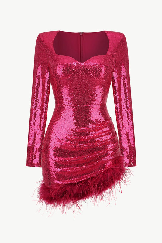 Sequin Sweetheart Neck Feather Hem Mini Dress
