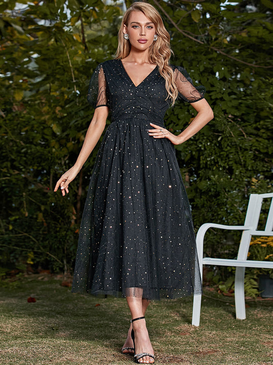 Glitter Spliced Mesh Midi Dress