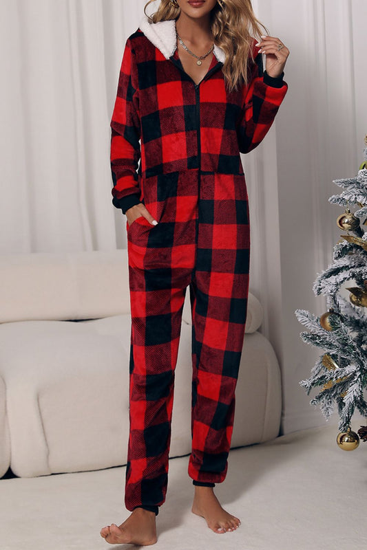 Plaid Zip Up Flannel Hooded Jumpsuit