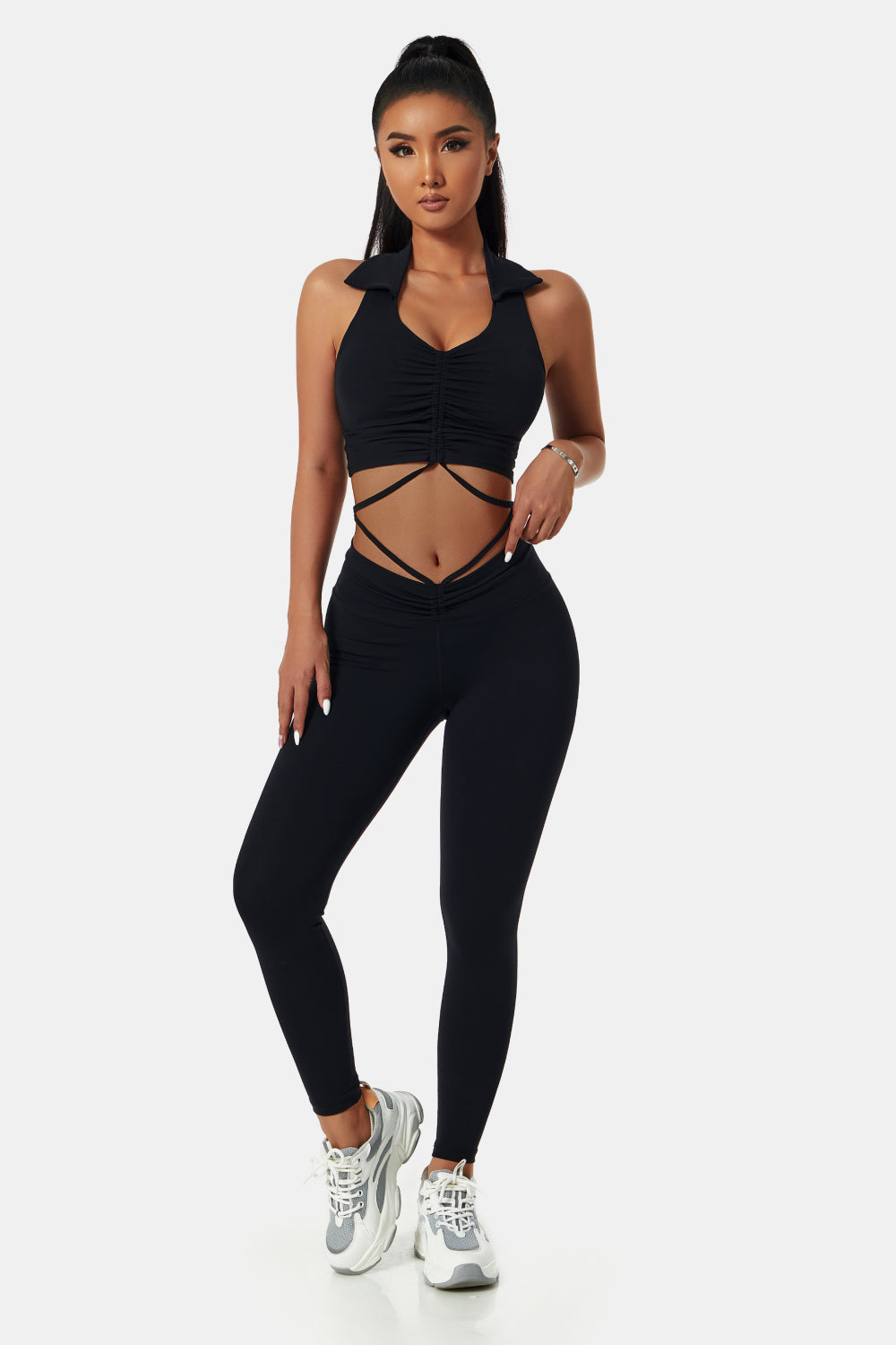 Collared Drawstring Detail Sports Bra and Leggings Set