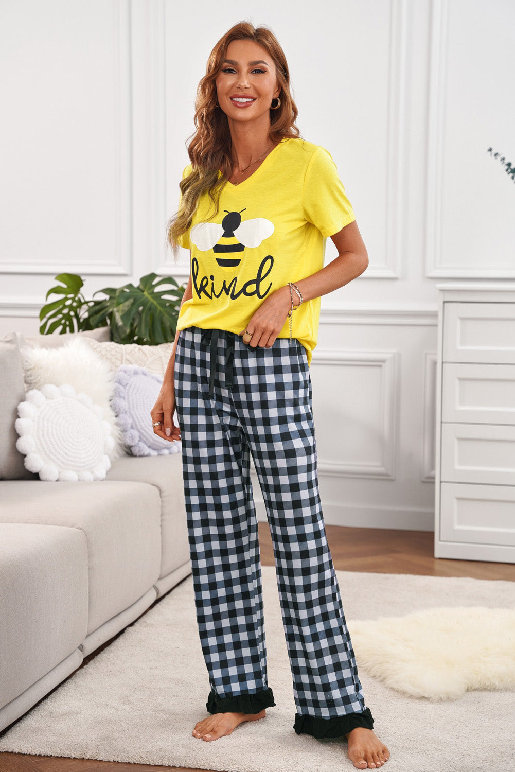 Graphic Tee and Plaid Pants Lounge Set