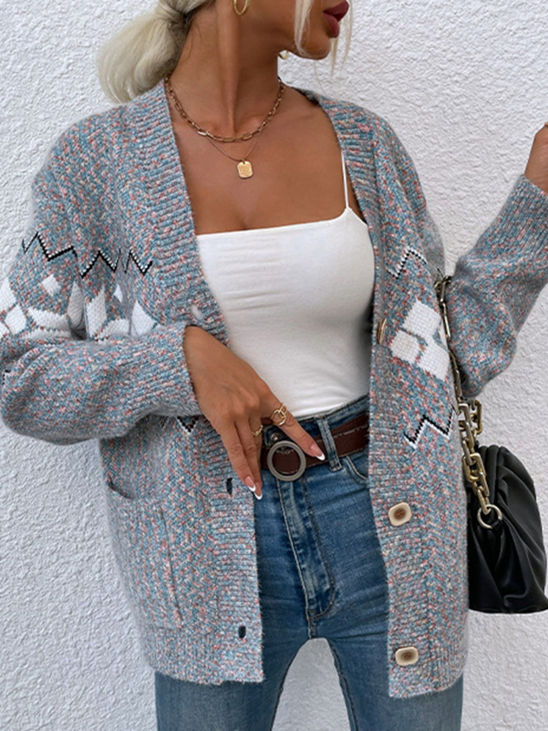 Fair Isle Snowflake Pattern Cardigan with Pockets