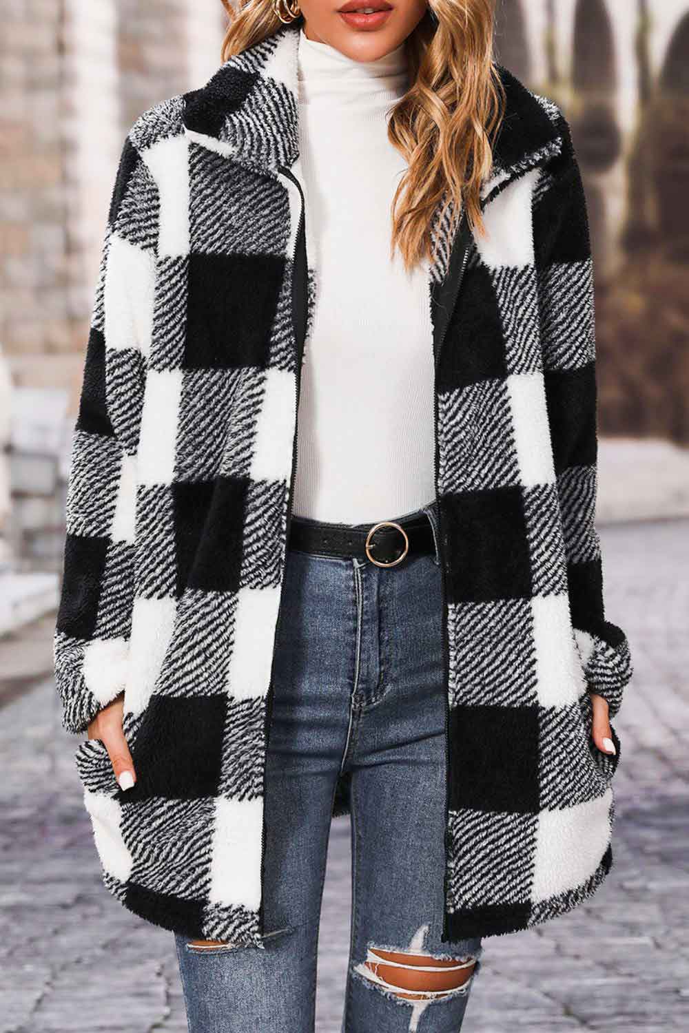 Plaid Zip Up Fleece Longline Jacket