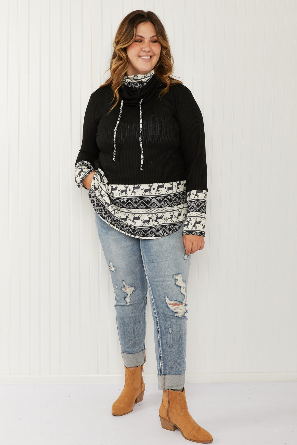 Heimish Sleigh Ride Full Size Waffle Knit Christmas Top