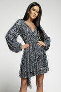 Leopard Sequin Belted Balloon Sleeve Dress