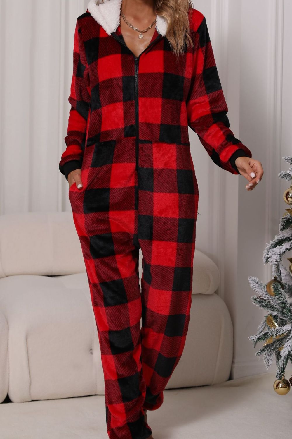 Plaid Zip Up Flannel Hooded Jumpsuit