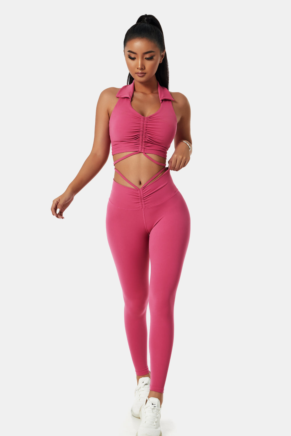 Collared Drawstring Detail Sports Bra and Leggings Set