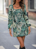 Floral Square Neck Long Balloon Sleeve Mini Dress