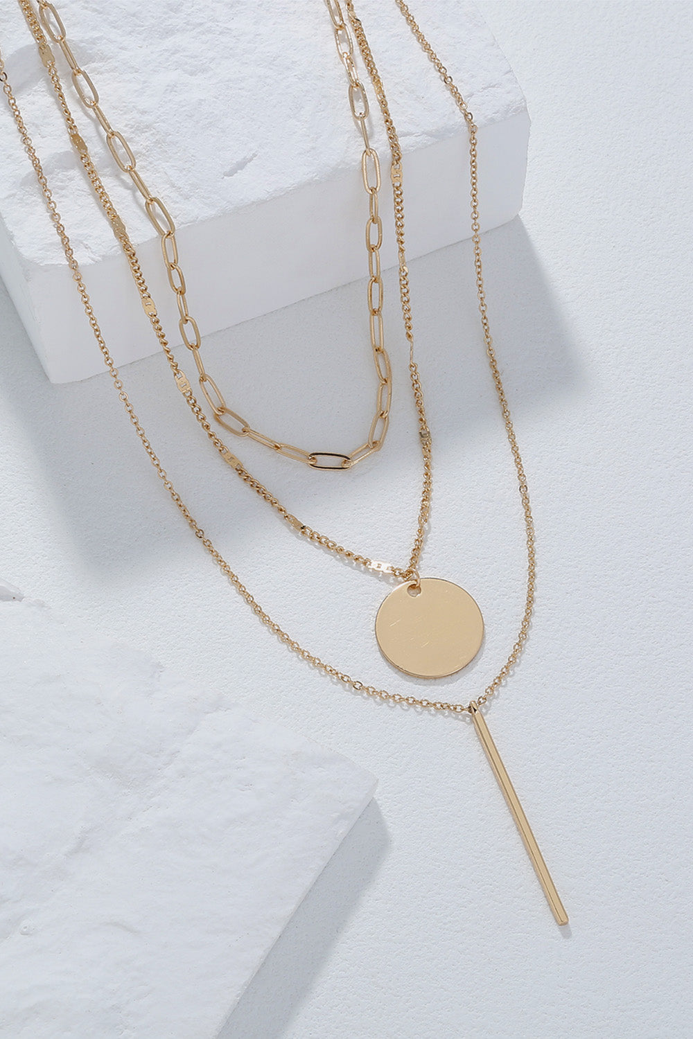 Bar and Circle Pendant Triple-Layered Necklace