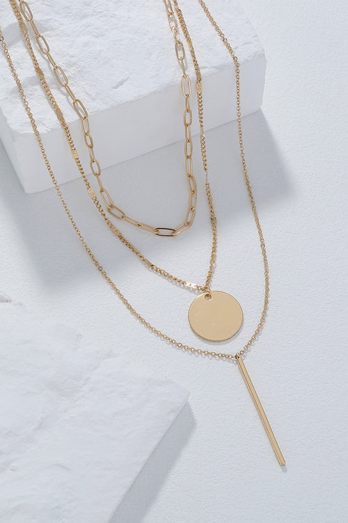 Bar and Circle Pendant Triple-Layered Necklace