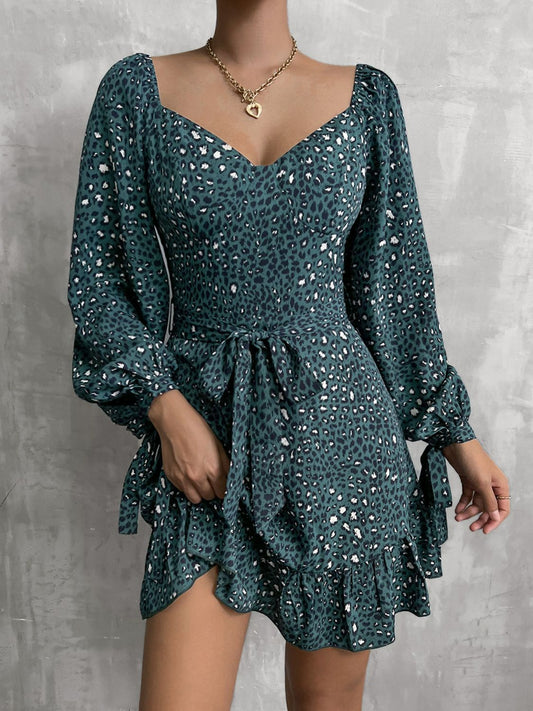 Leopard Tie Cuff Ruffle Hem Belted Dress