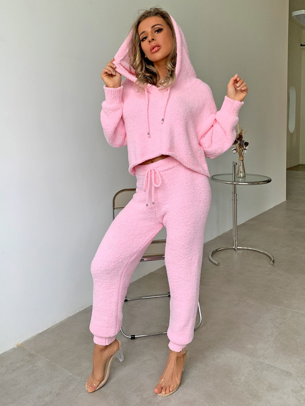 Drop Shoulder Cropped Hoodie and Tie Waist Joggers Set